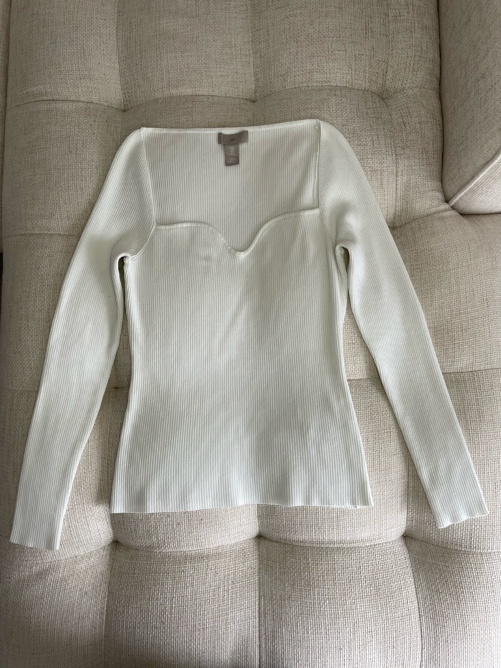 H&M Rib Knit Sweetheart Neck Long Sleeve Top White Classic Quiet Luxury Capsule